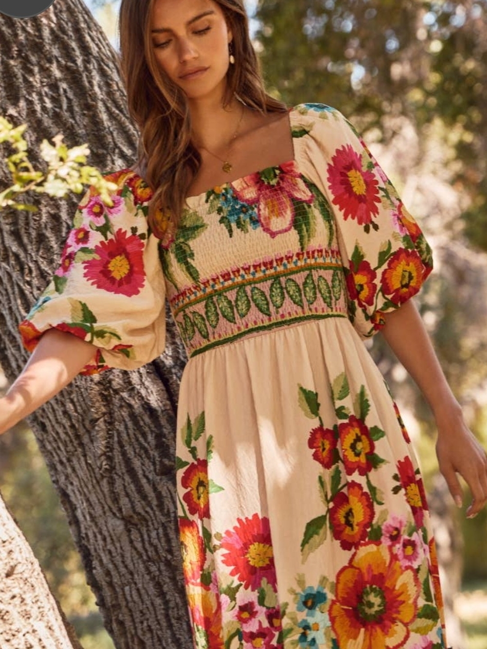 🌸NWT Navy Floral Smocked Bubble Sleeve Maxi Dress 🌸 BOHO Cottagecore FESTIVAL